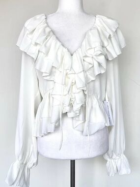 Torn by Ronny Kobo White Ruffled V-Neck Blouse Rhea top